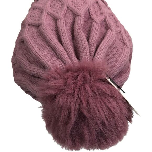 Pink Mauve Cable Knit Sherpa Pom Pom Winter Beanie - Picture 3 of 9